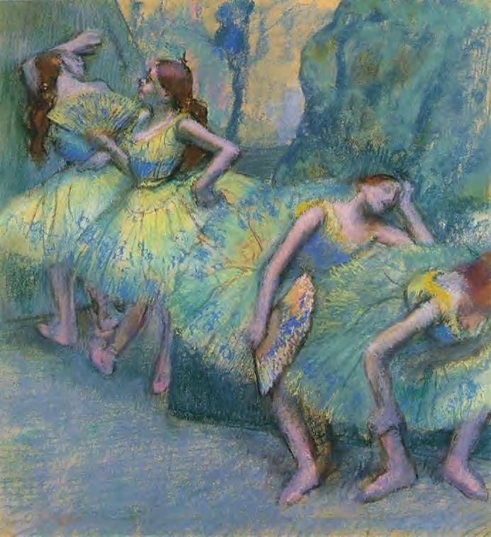 Pintura com várias bailarinas vestidas em trajes coloridos e detalhes delicados.