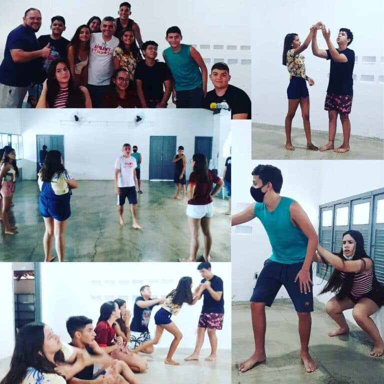 Colagem de fotos mostrando atividades e interação entre jovens.